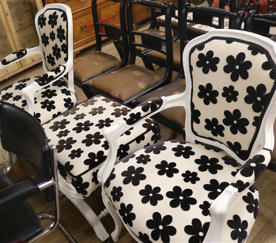 Two spotted armchairs and a foot stool